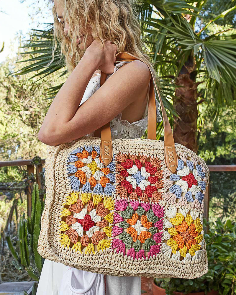 Natural Granny Square Raffia Tote