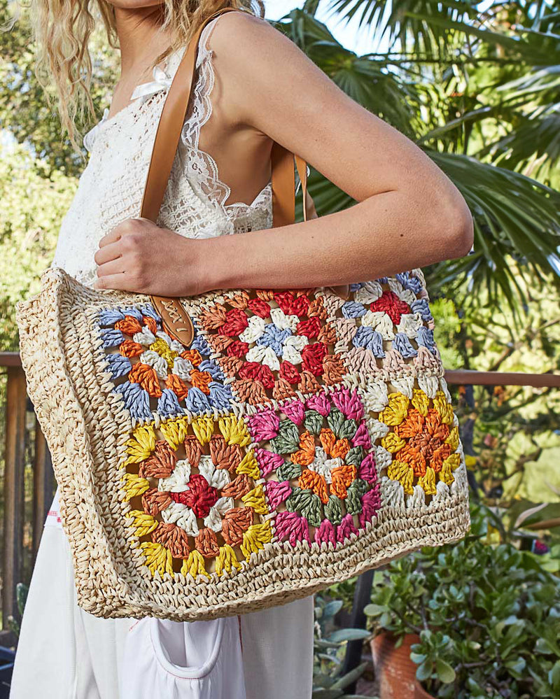Natural Granny Square Raffia Tote