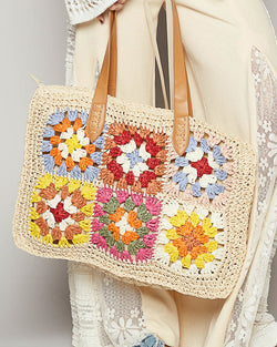 Natural Granny Square Raffia Tote