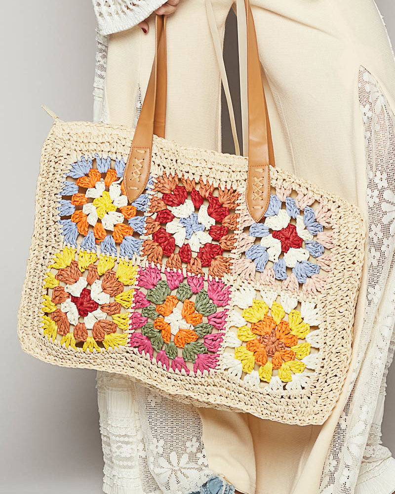 Natural Granny Square Raffia Tote