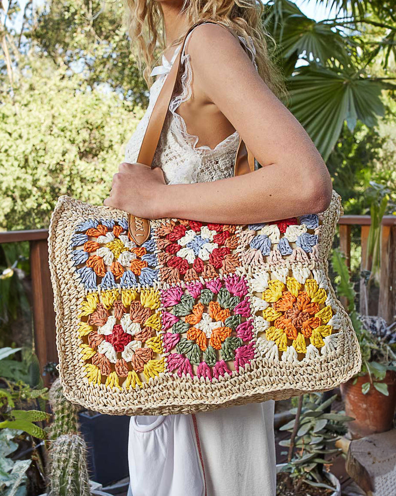 Natural Granny Square Raffia Tote
