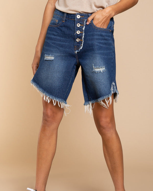 Distressed Button Fly Denim Shorts