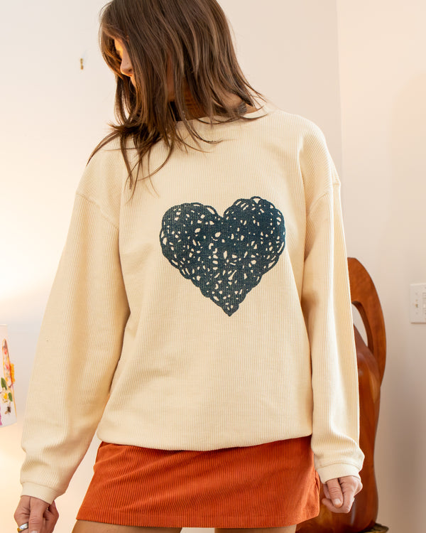 Scribble Heart Crema Oversized Corded Sweatshirt