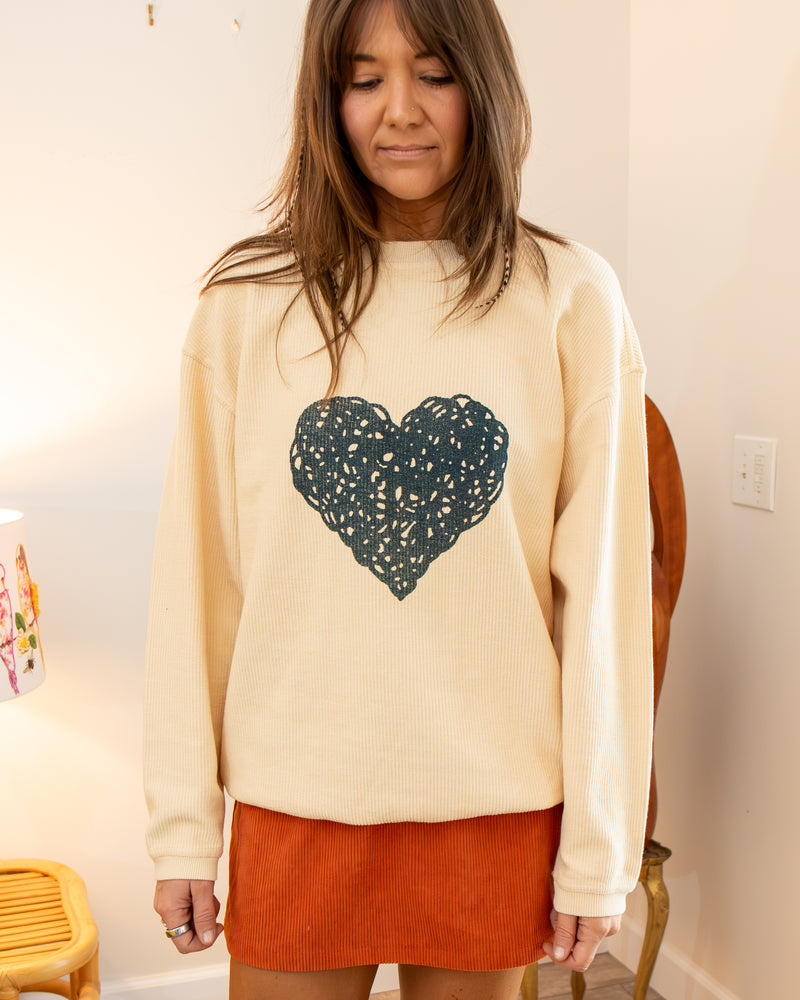 Scribble Heart Crema Oversized Corded Sweatshirt