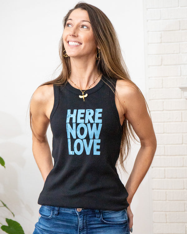 Here Love Now Black Ribbed Tank
