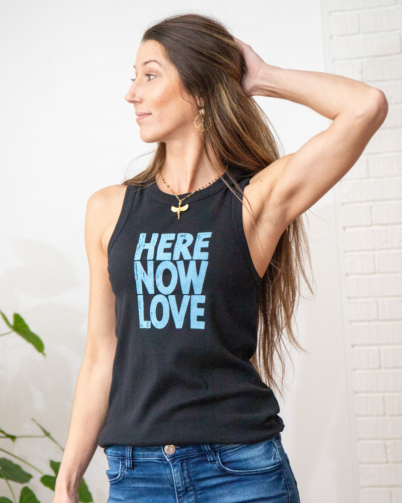Here Love Now Black Ribbed Tank