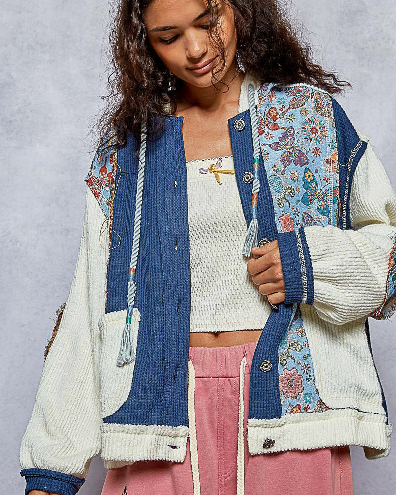 Indigo & Cream Waffle Weave and Damask Hoodie