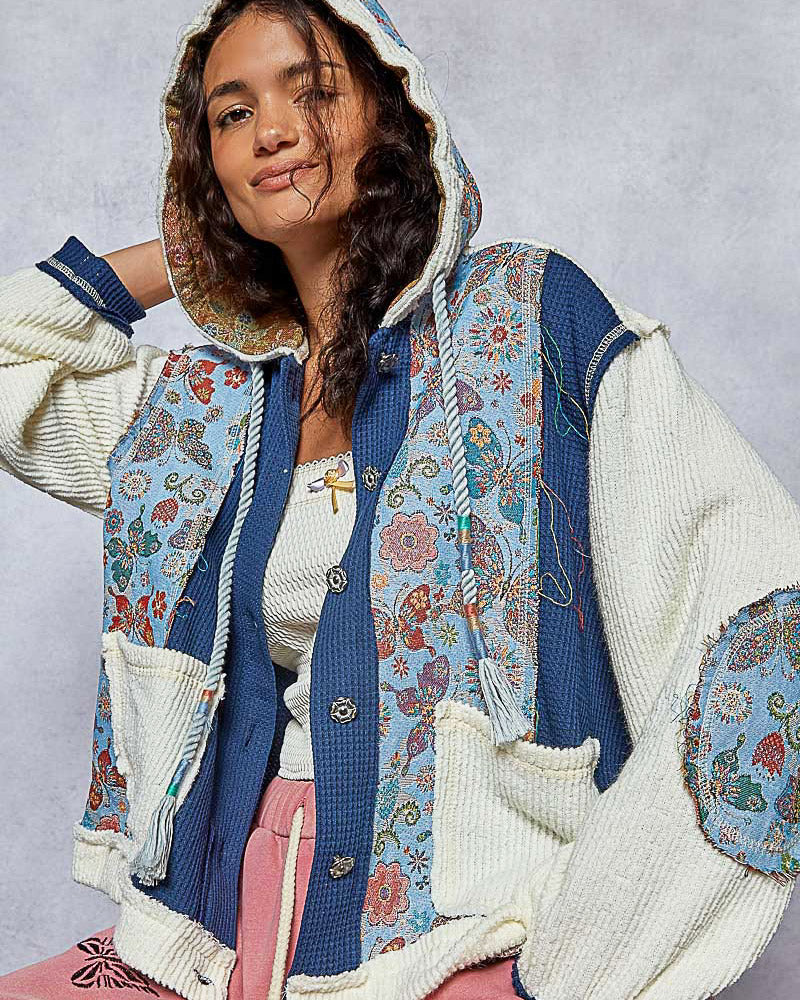 Indigo & Cream Waffle Weave and Damask Hoodie