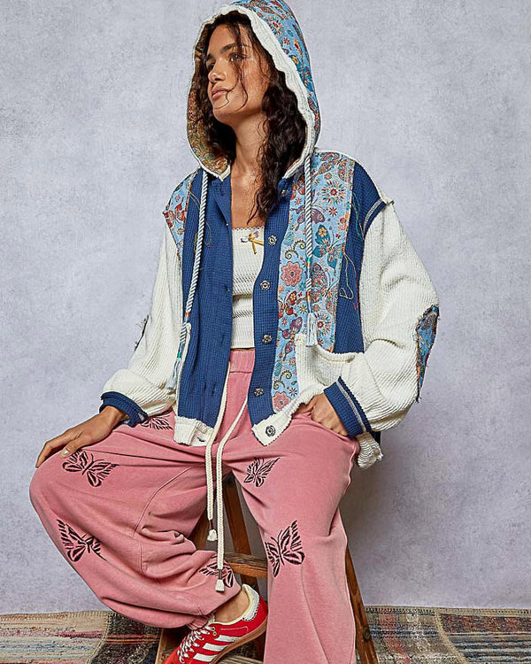 Indigo & Cream Waffle Weave and Damask Hoodie