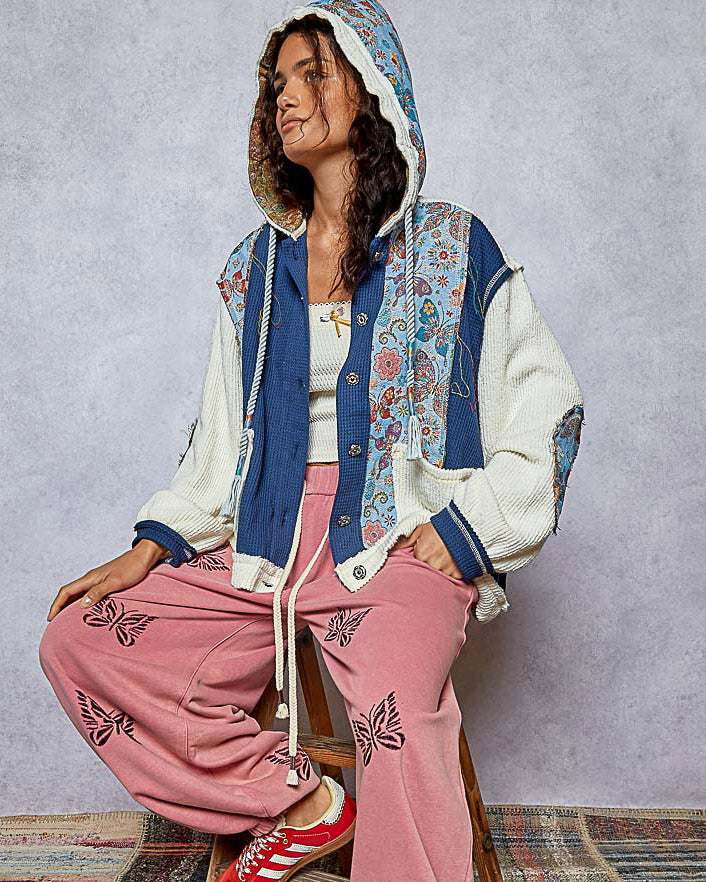 Indigo & Cream Waffle Weave and Damask Hoodie