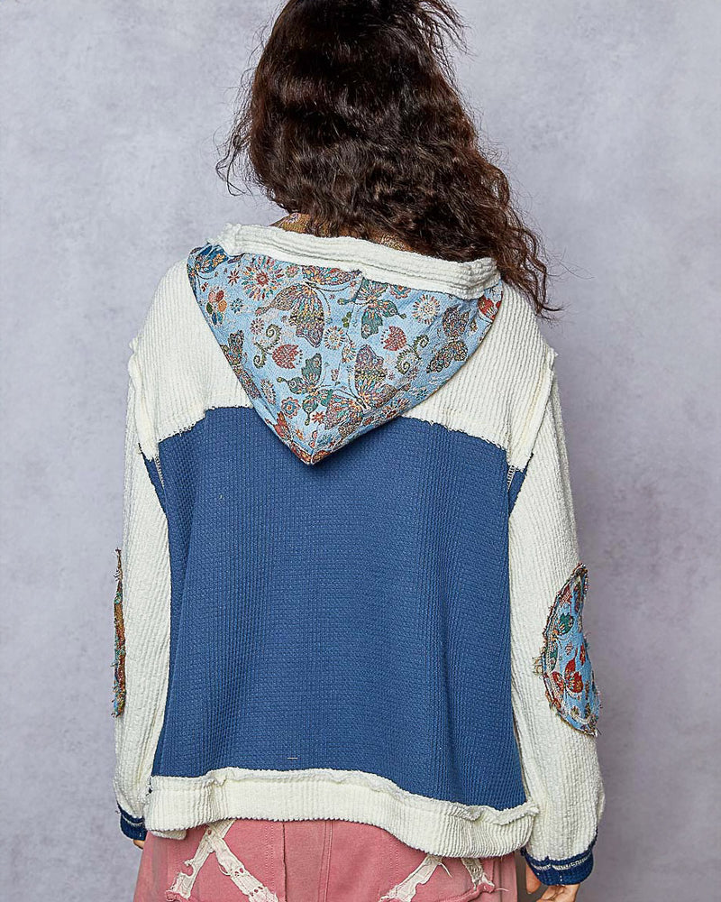 Indigo & Cream Waffle Weave and Damask Hoodie