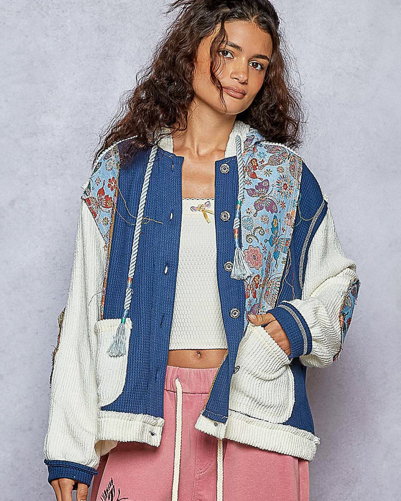 Indigo & Cream Waffle Weave and Damask Hoodie