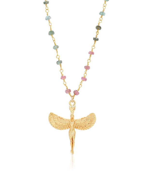 Winged Egyptian Goddess Watermelon Tourmaline Necklace