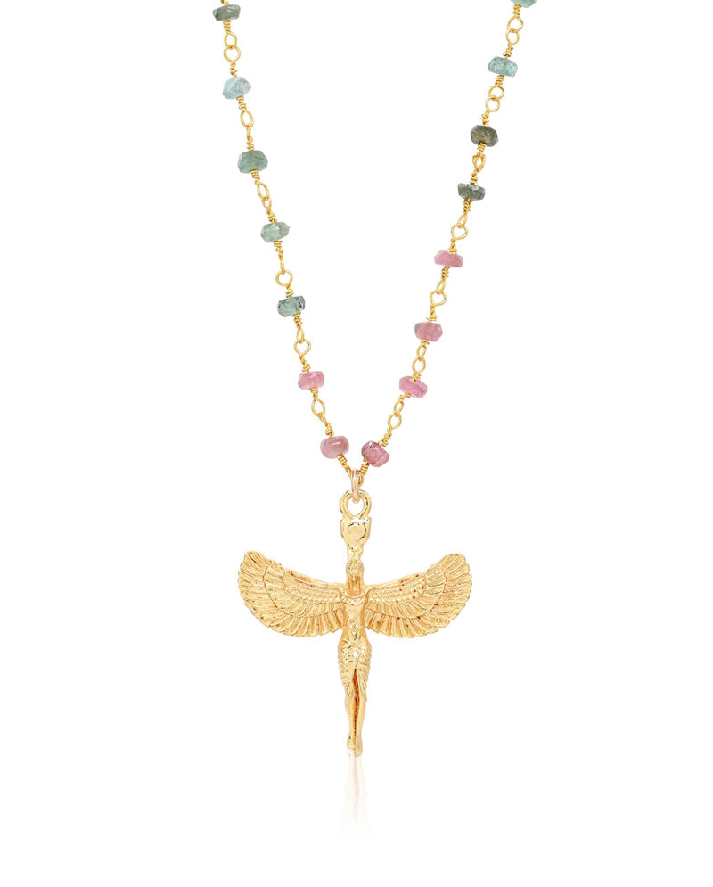 Winged Egyptian Goddess Watermelon Tourmaline Necklace