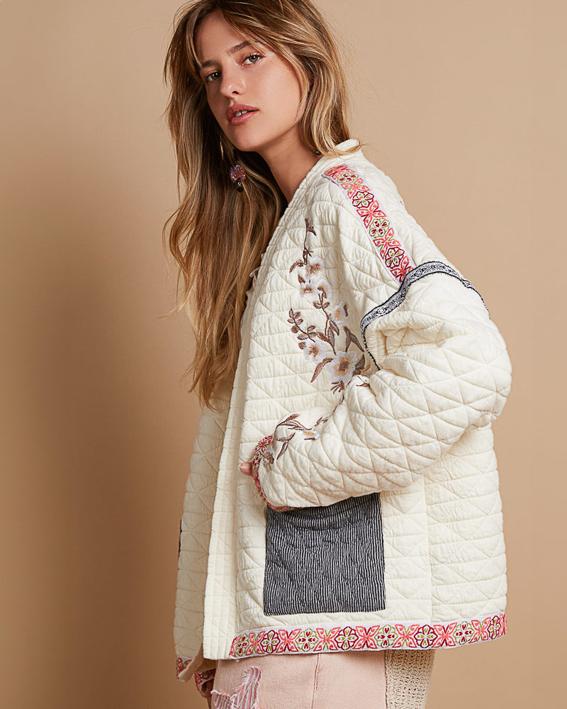 Ivory Quilted Jacket with Embroidery and Ribbon Trim