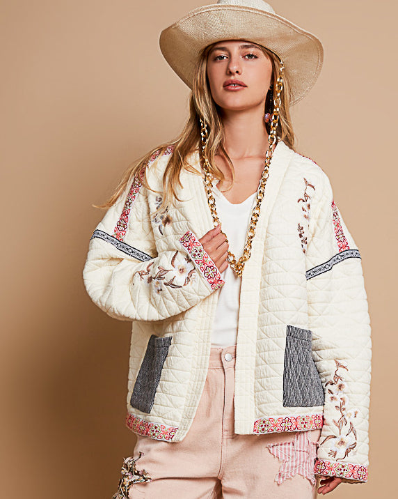 Ivory Quilted Jacket with Embroidery and Ribbon Trim