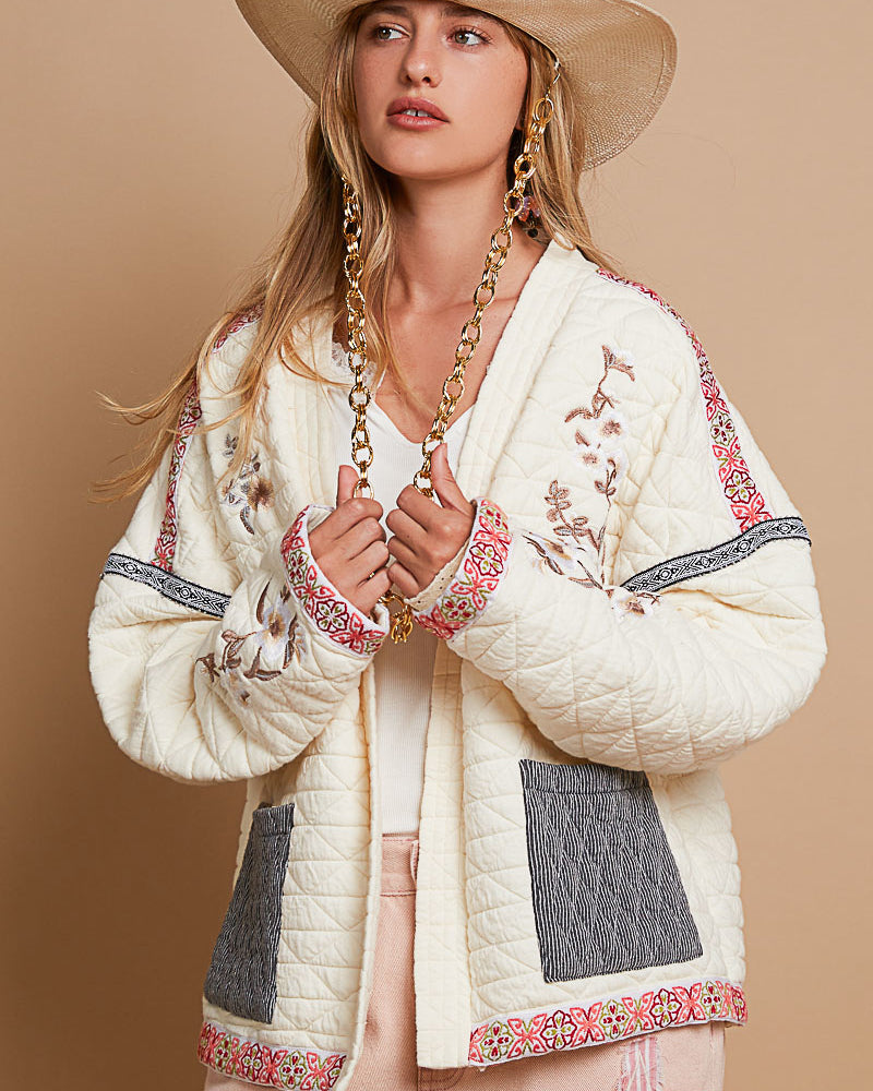 Ivory Quilted Jacket with Embroidery and Ribbon Trim