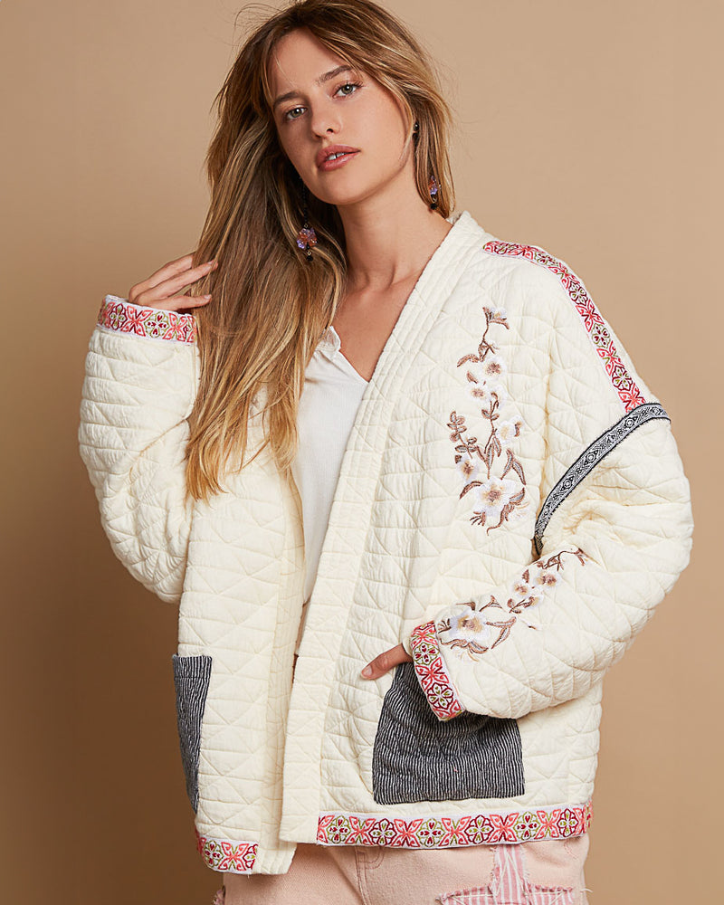 Ivory Quilted Jacket with Embroidery and Ribbon Trim