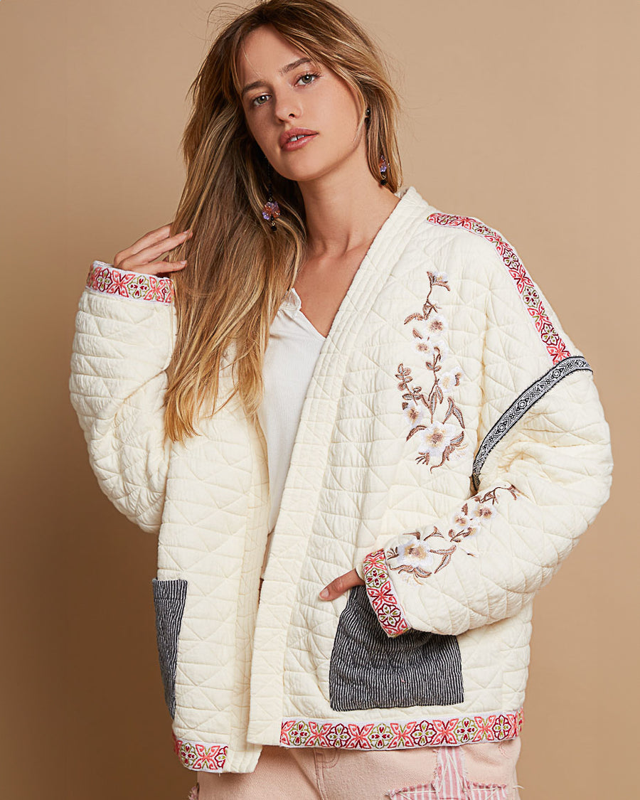 Ivory Quilted Jacket with Embroidery and Ribbon Trim 