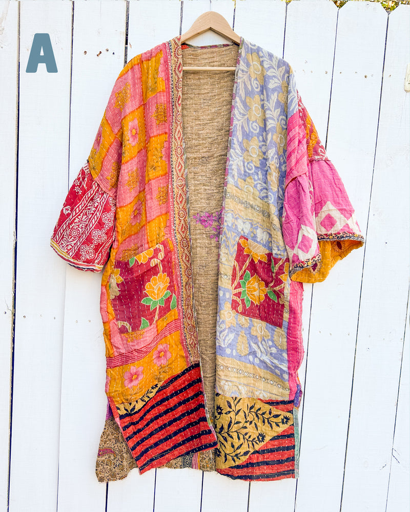 Reversible Kantha Long Kaftan Kimono