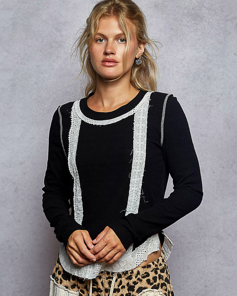Black Rib Lace Trim Long Sleeve