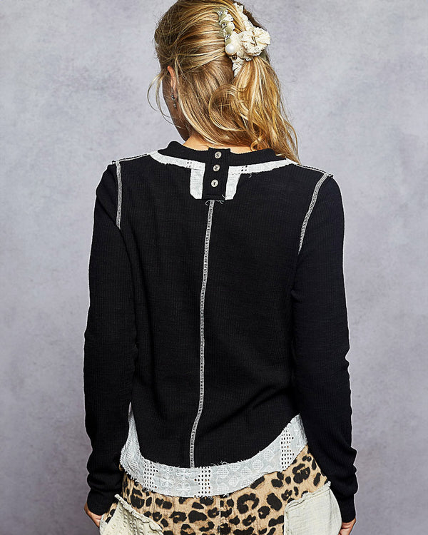 Black Rib Lace Trim Long Sleeve
