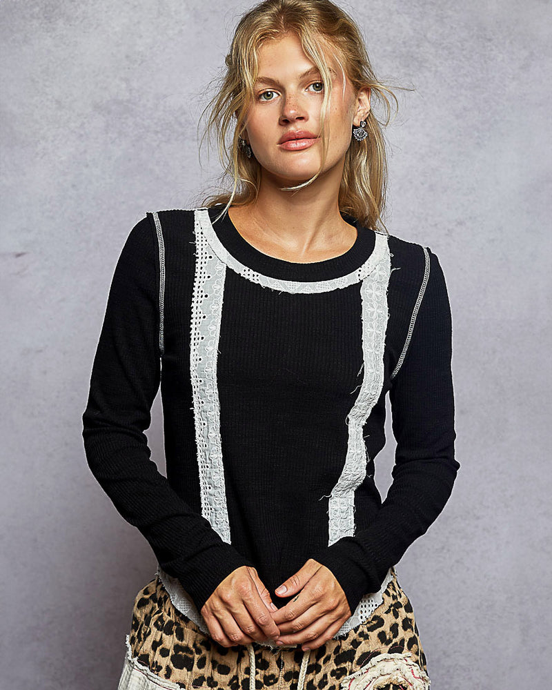 Black Rib Lace Trim Long Sleeve