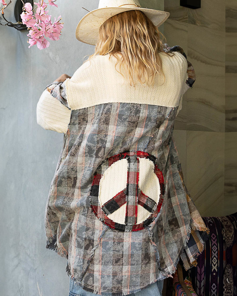 Oversized Plaid Cotton Peace Symbol Shirt