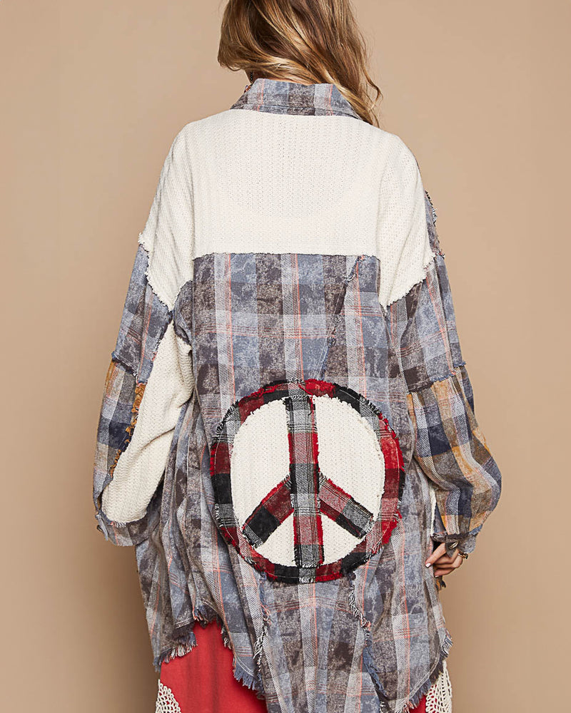 Oversized Plaid Cotton Peace Symbol Shirt