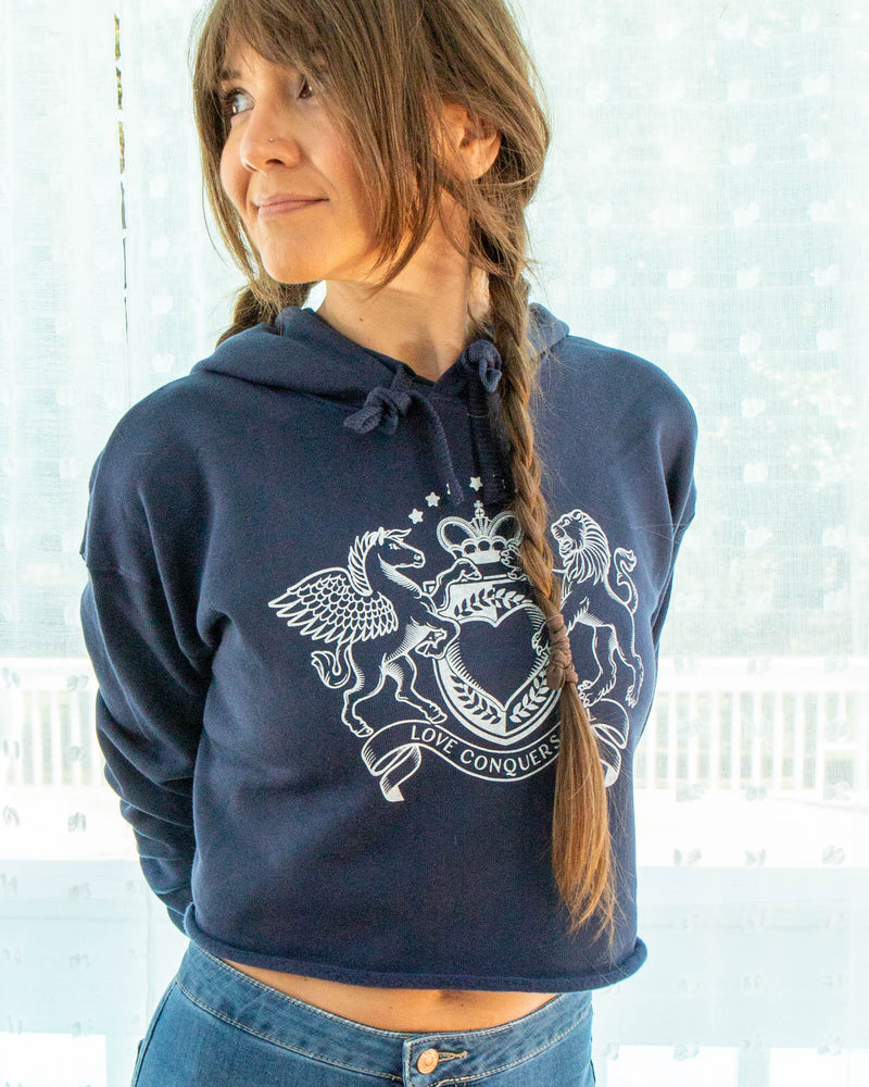 Love Conquers All Navy Crop Hoodie