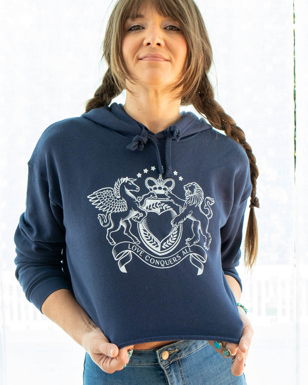 Love Conquers All Navy Crop Hoodie