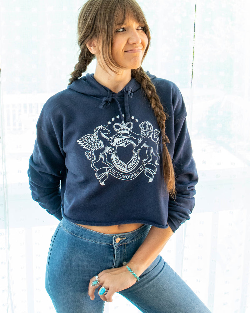 Love Conquers All Navy Crop Hoodie