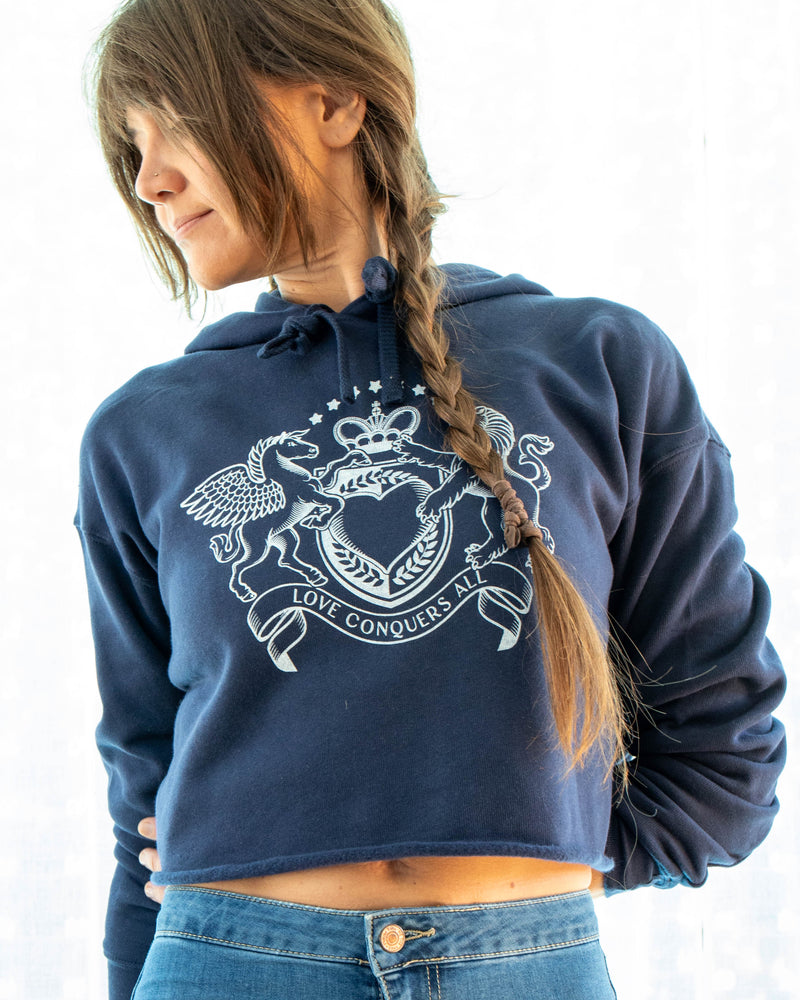 Love Conquers All Navy Crop Hoodie