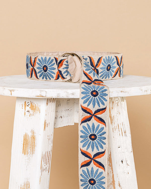 Blue & Ivory Embroidered Floral Belt