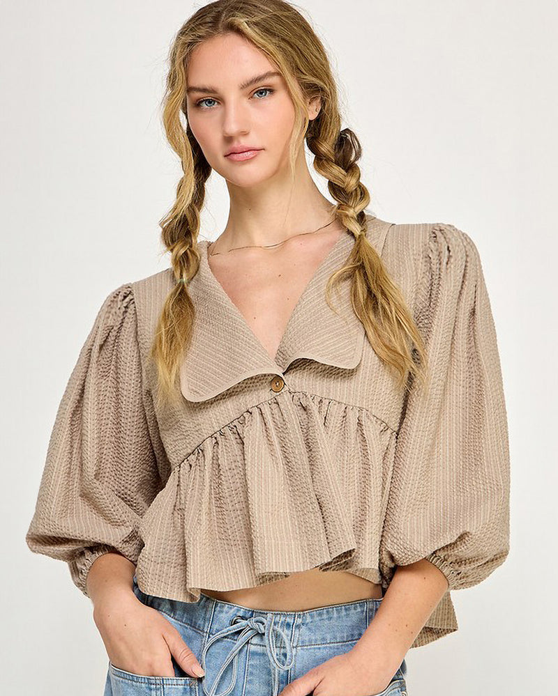 Peplum Bubble Sleeve Crinkled Sailor Collar Top