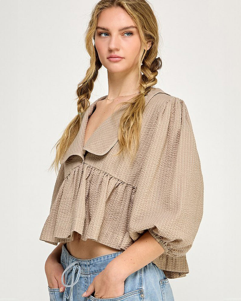 Peplum Bubble Sleeve Crinkled Sailor Collar Top