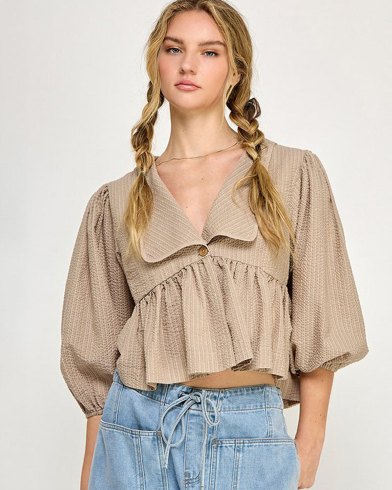 Peplum Bubble Sleeve Crinkled Sailor Collar Top