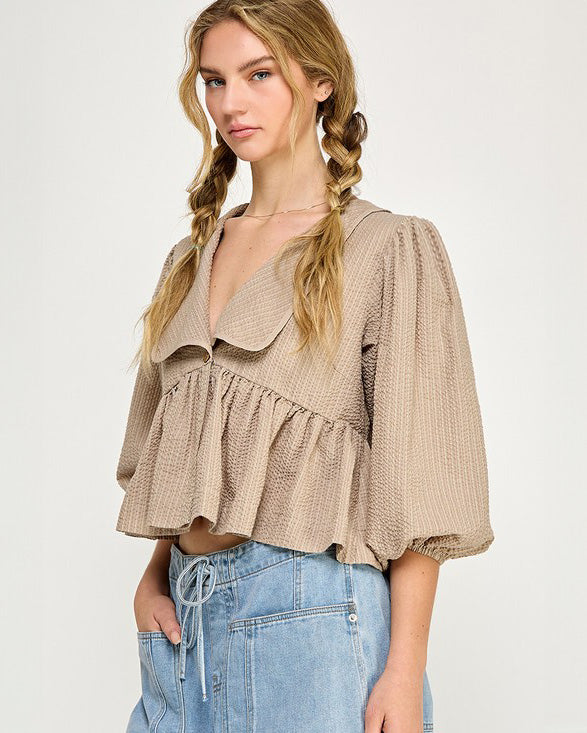 Peplum Bubble Sleeve Crinkled Sailor Collar Top