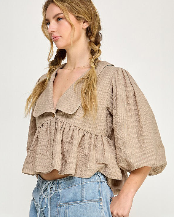 Peplum Bubble Sleeve Crinkled Sailor Collar Top