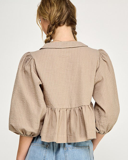 Peplum Bubble Sleeve Crinkled Sailor Collar Top