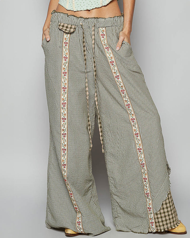 Ribbon Trim Olive Striped Wide Pants