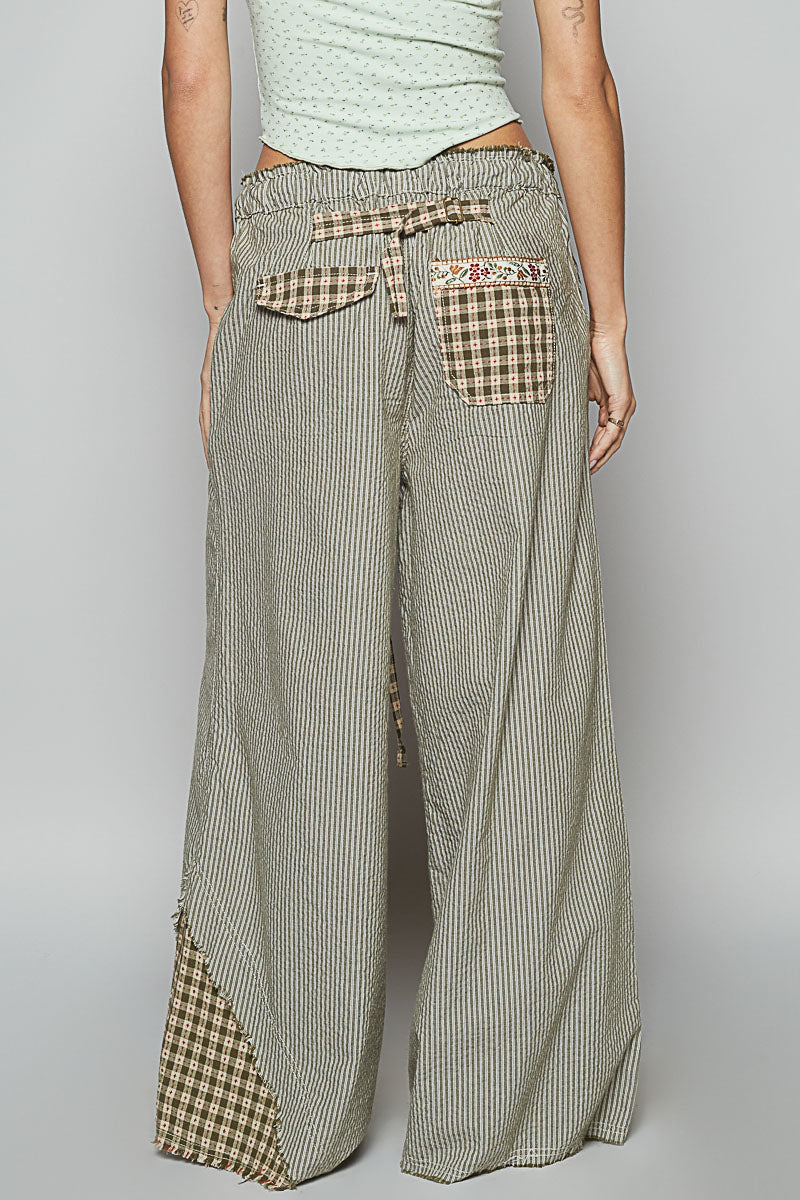 Ribbon Trim Olive Striped Wide Pants