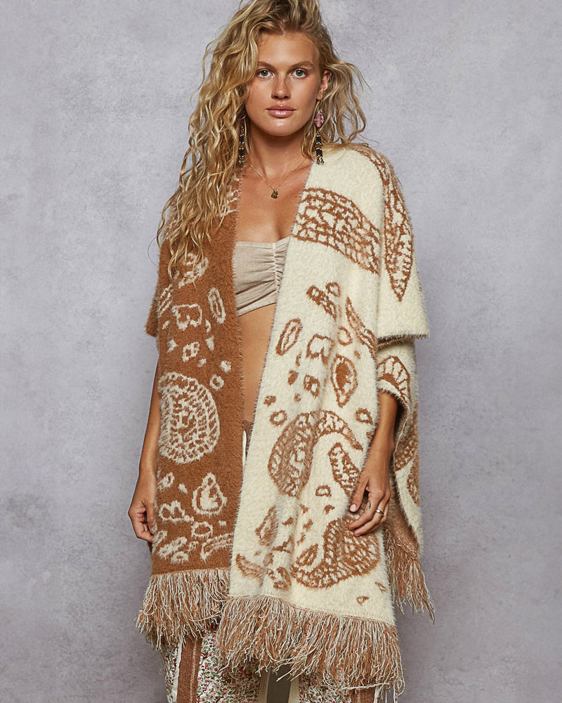 Open Front Fuzzy Paisley Poncho