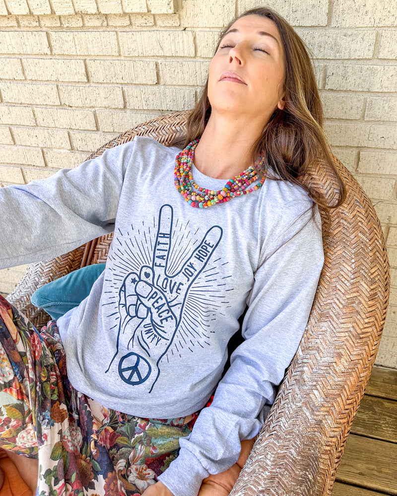 Peace Sign Grey Unisex Cotton Long Sleeve Tee