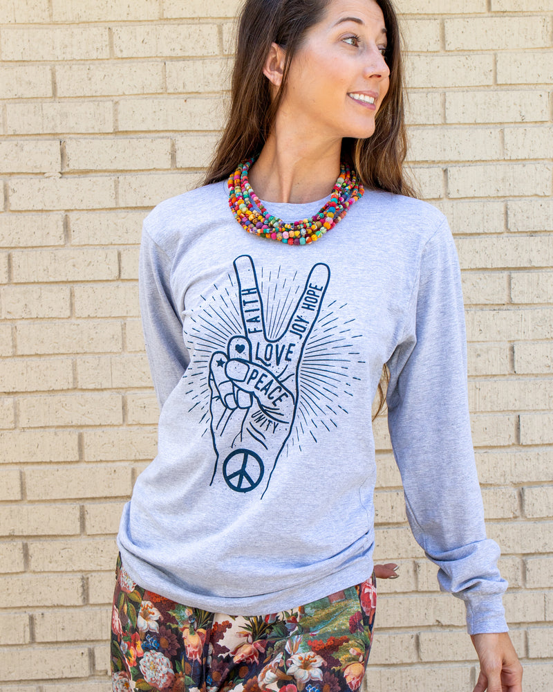 Peace Sign Grey Unisex Cotton Long Sleeve Tee