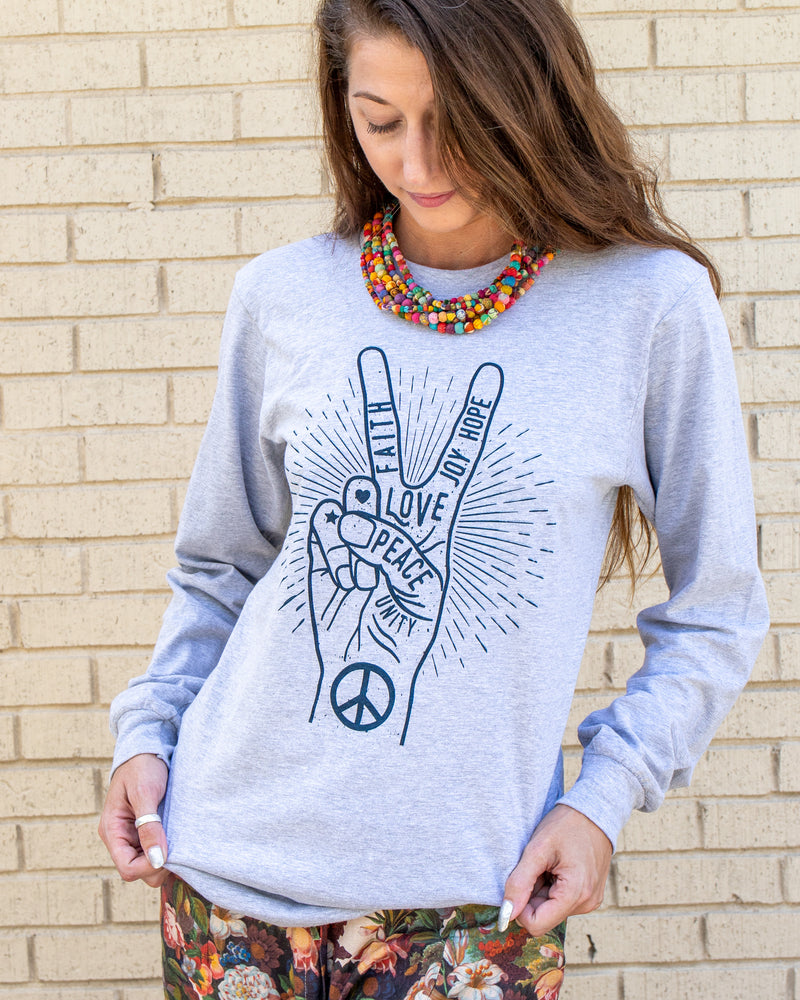 Peace Sign Grey Unisex Cotton Long Sleeve Tee