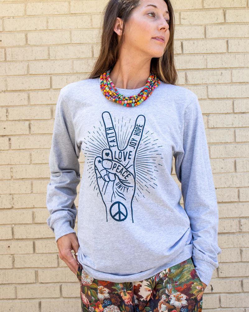 Peace Sign Grey Unisex Cotton Long Sleeve Tee