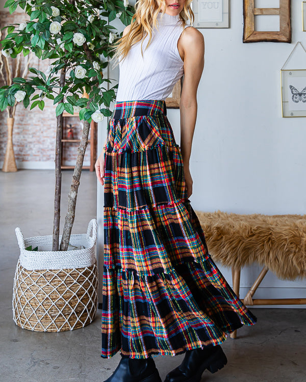 Plaid Cotton Flannel Tiered Skirt