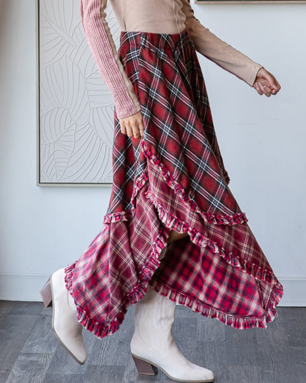 Crimson Plaid Asymmetrical Flannel Skirt