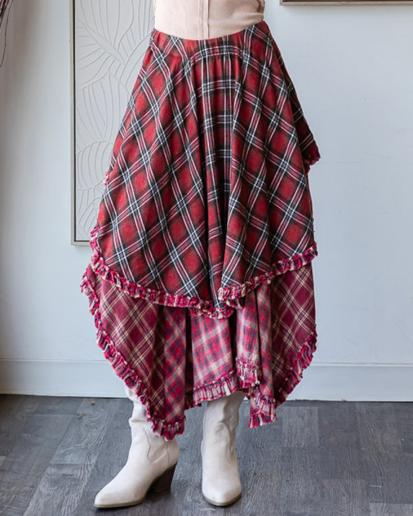 Crimson Plaid Asymmetrical Flannel Skirt